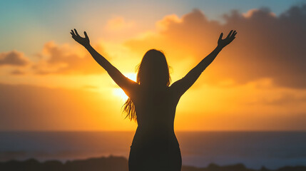 Fototapeta premium silhouette of a woman, with raised hands with a beautiful sunset