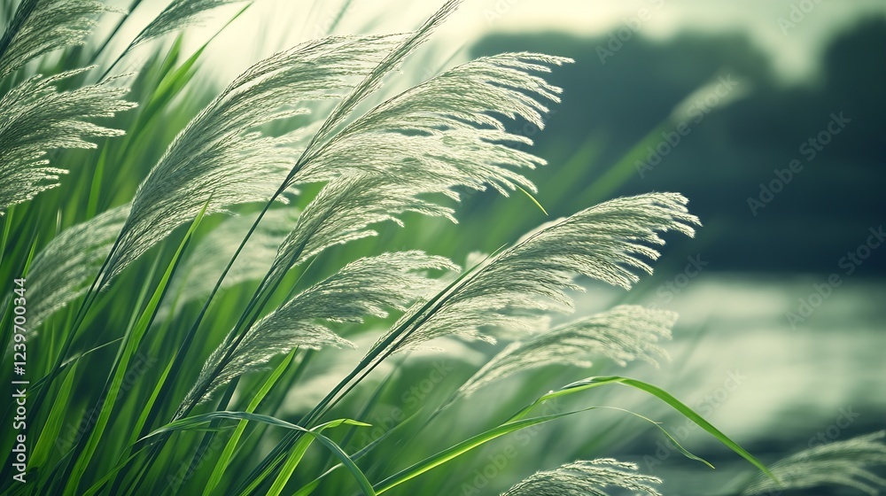 Poster elegant grass swaying by the water's edge captured in warm sunlight against a lush background : gene