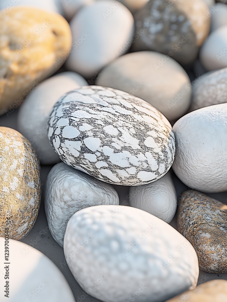 Poster Beautiful assortment of smooth pebbles with unique patterns and colors perfect for natural decor and design : Generative AI