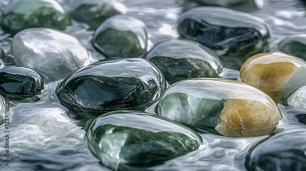 Aufkleber Close Up of Unique Colorful River Stones in Clear Shallow Water for Natural Decor and Relaxing Vibes : Generative AI