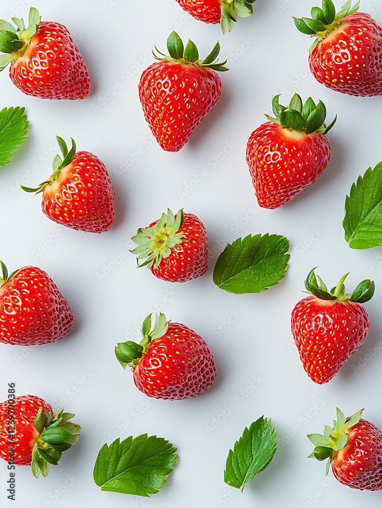 Aufkleber ripe fresh strawberries with green leaves displayed on a light background : generative ai
