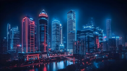 Naklejka premium Neon-lit skyscrapers illuminate the night sky, reflecting vibrantly in the river below, creating a mesmerizing urban dreamscape.