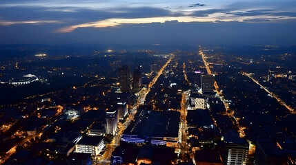 Naklejka premium Cityscape at Night with Illuminated Streets and Buildings under Dramatic Dusk Sky