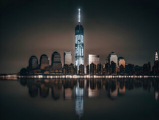 Obraz premium Illuminated Cityscape Reflects Majestically in Still Waters at Night