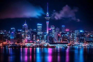 Obraz premium Vibrant Cityscape Illuminates Night Sky with Reflections on Water under Clouds