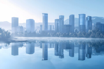 Modern Cityscape Reflects in Calm Water with Misty Sunrise in Background.