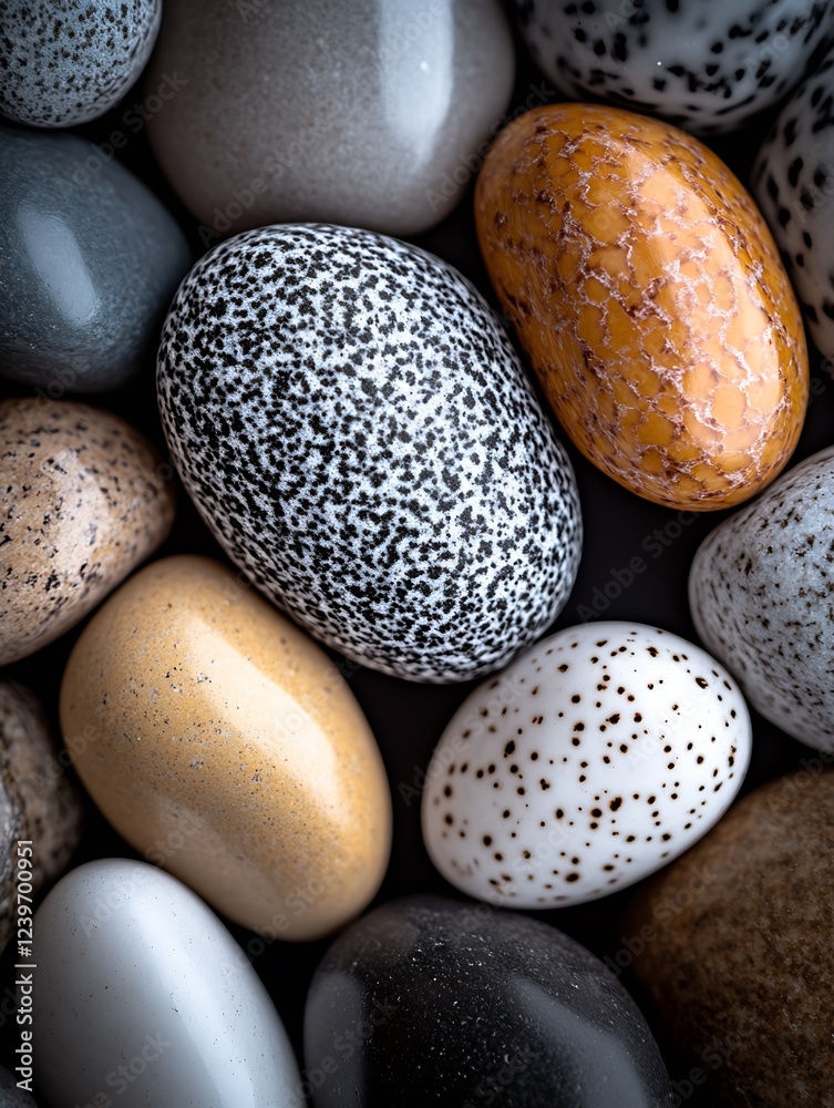 Poster Aesthetic Collection of Multi Colored Polished Stones and Eggs with Unique Patterns and Textures : Generative AI