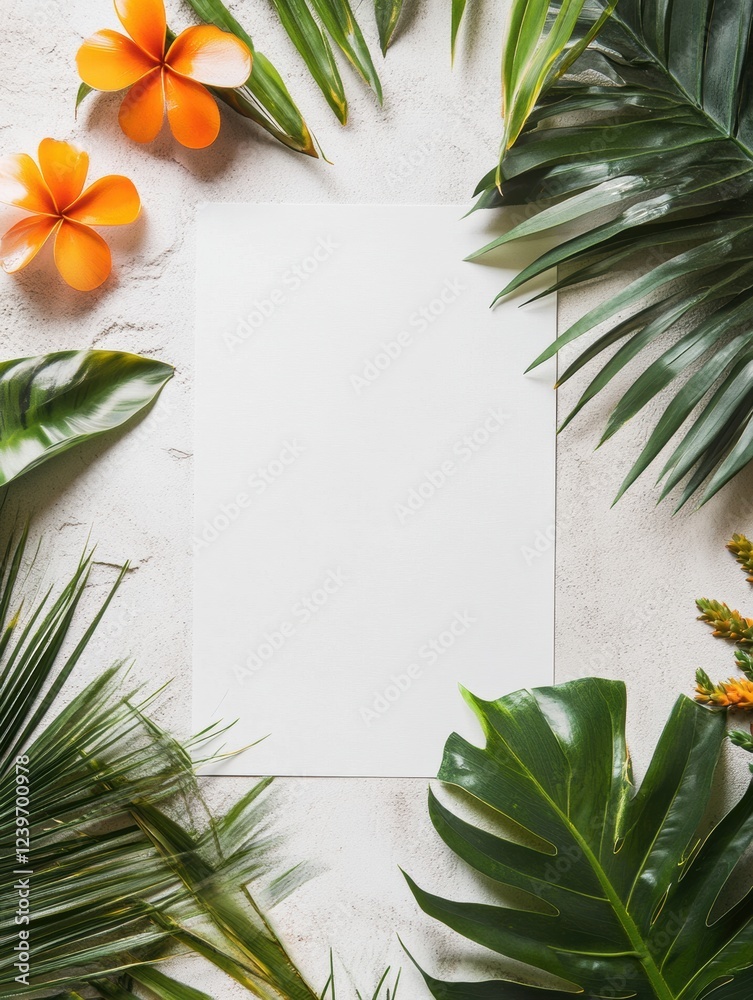Poster tropical leaves and flowers frame blank white paper on textured surface in natural setting for creat