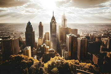 Obraz premium Cityscape with Skyscrapers Piercing the Clouds under the Golden Sunlight at Daytime.