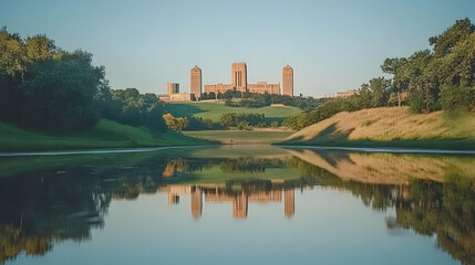 Fototapeta premium City Skyline Reflected in Calm Lake with Lush Green Landscape and Clear Sky