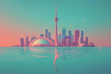 Fototapeta premium A Synthwave Illustration of a Cityscape Reflecting in Calm Water with a Sailboat