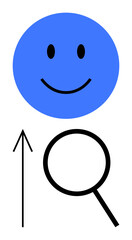 Blue happy face above an up arrow and magnifying glass. Ideal for themes happiness, growth, search, positivity, success exploration motivation. Line metaphor. Line metaphor. Simple line icons
