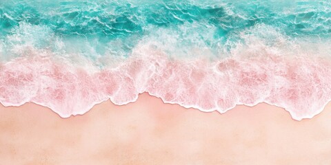 Fototapeta premium Pink Sands Beach and Turquoise Ocean: Aerial View of Serene Coastal Paradise