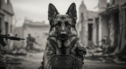 Brave German Shepherd K9 Unit in War-Torn City, Black and White Photography