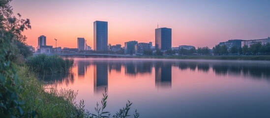 Obraz premium Serene Sunrise Cityscape Reflection, Calm Waters, Misty Morning, Modern Architecture, Urban Panorama
