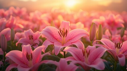 Fototapeta premium Ethereal Pink Lilies Blooming in Soft Golden Morning Light Romantic Floral Photography Botanical Aesthetic Imagery Macro Nature Photography Ethereal Pink Lilies Blooming