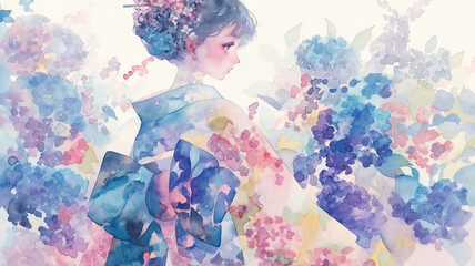 Fototapeta premium 和風イラスト｜紫陽花と浴衣の女性が織りなす夏の情景。柔らかで繊細な水彩イラスト。