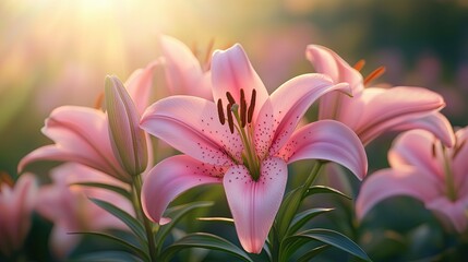 Fototapeta premium Ethereal Pink Lilies Blooming in Soft Golden Morning Light Romantic Floral Photography Botanical Aesthetic Imagery Macro Nature Photography Ethereal Pink Lilies Blooming