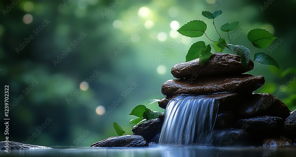 Aufkleber serene water feature with smooth stones and lively green leaves creating a peaceful atmosphere : gen