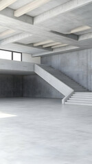 Obraz premium Modern Interior Features Concrete Staircase in a Spacious Room with High Ceiling and Wooden Beams