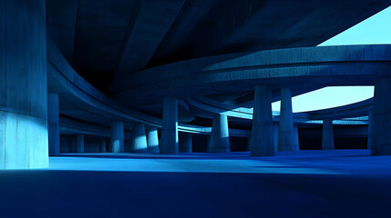 Obraz premium Empty Highway Overpass with Concrete Pillars and Curving Roadways at Night