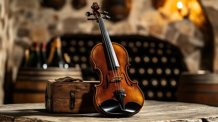 Elegant wooden violin placed on vintage wooden table with wine barrels in the background : Generative AI