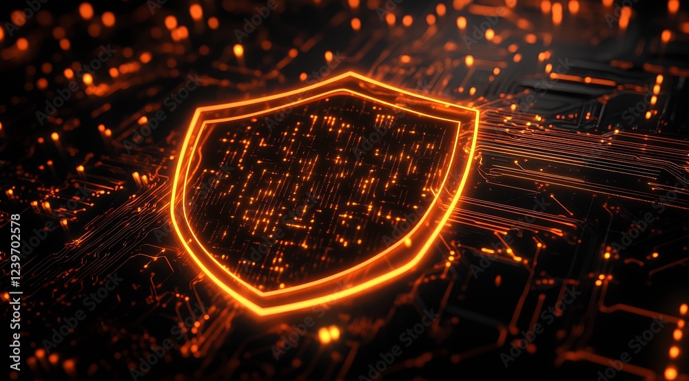 Poster Vibrant Orange Shield on a Complex Circuit Board Background Symbolizing Data Protection : Generative AI