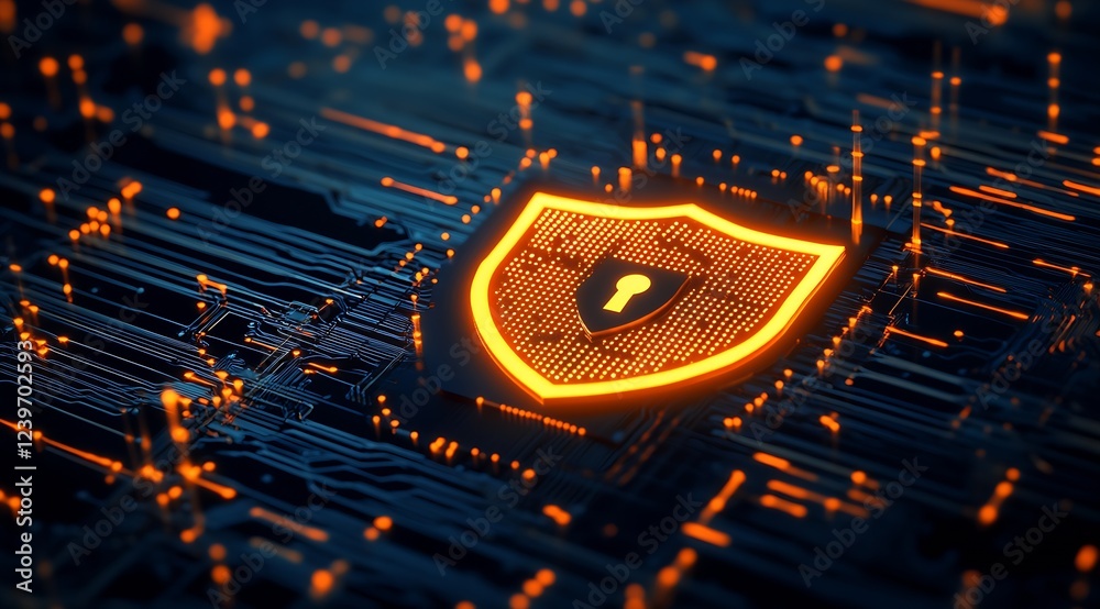 Poster Digital Security Shield Icon Over Circuit Board Background Representing Cyber Protection : Generative AI
