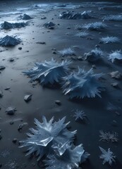 Dark blue icy surface with smooth frost and fine ice flakes,  ice flakes,  smooth frost,  frozen