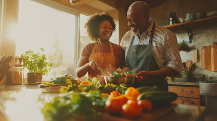 Happy african american couple cooking together in cozy kitchen filled with fresh vegetables and natural sunlight