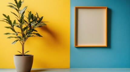 Decorative indoor plant beside a blank picture frame on a vibrant yellow and blue wall. Generative AI