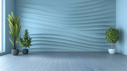 Fototapeta premium Empty Room with Blue Wavy Wall and Plants Accents Gracefully Complements the Wooden Floor.