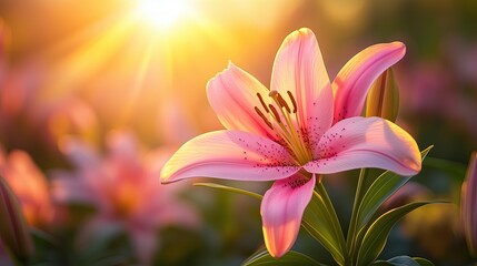 Fototapeta premium Ethereal Pink Lilies Blooming in Soft Golden Morning Light Romantic Floral Photography Botanical Aesthetic Imagery Macro Nature Photography Ethereal Pink Lilies Blooming