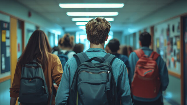 Students walking through busy high school corridor with backpacks and diverse group of teens in educational environment