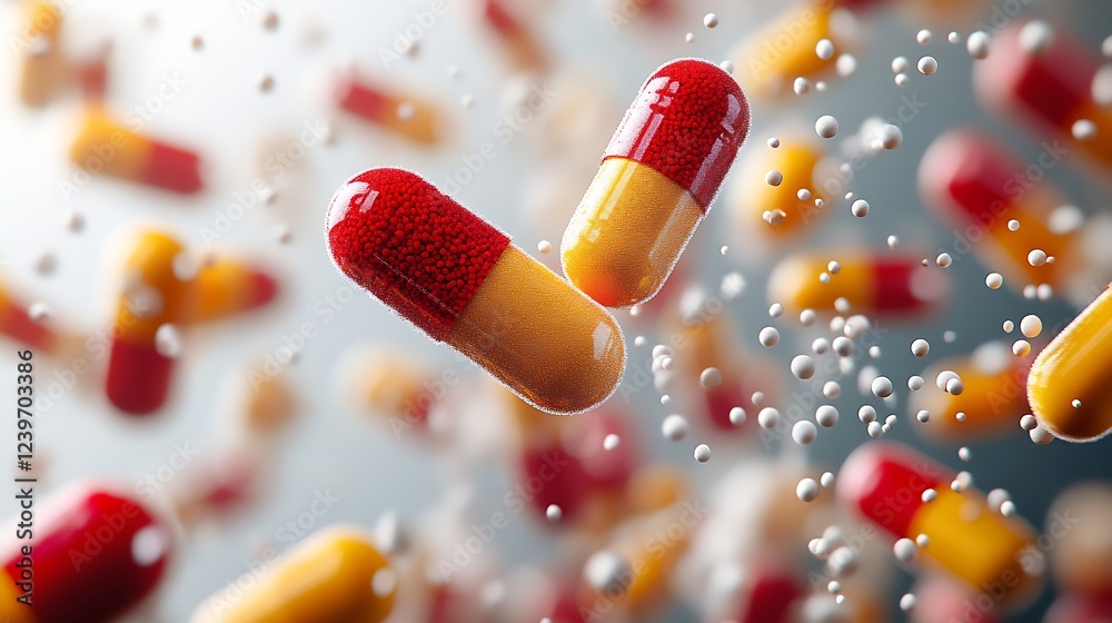 Poster Vibrant red and yellow capsules floating in a dynamic arrangement against a blurred background : Generative AI