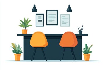 Illustration of a Modern Office Workspace with Stylish Desk and Chairs, Indoor Plants, and Wall Art in a Minimalist Setting for a Contemporary Look