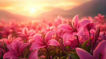 Fototapeta premium Ethereal Pink Lilies Blooming in Soft Golden Morning Light Romantic Floral Photography Botanical Aesthetic Imagery Macro Nature Photography Ethereal Pink Lilies Blooming