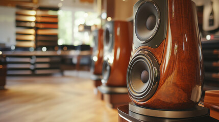 Elegant high-end wooden speakers in a modern audio store showcasing luxury sound systems and premium acoustic performance