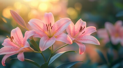 Fototapeta premium Ethereal Pink Lilies Blooming in Soft Golden Morning Light Romantic Floral Photography Botanical Aesthetic Imagery Macro Nature Photography Ethereal Pink Lilies Blooming