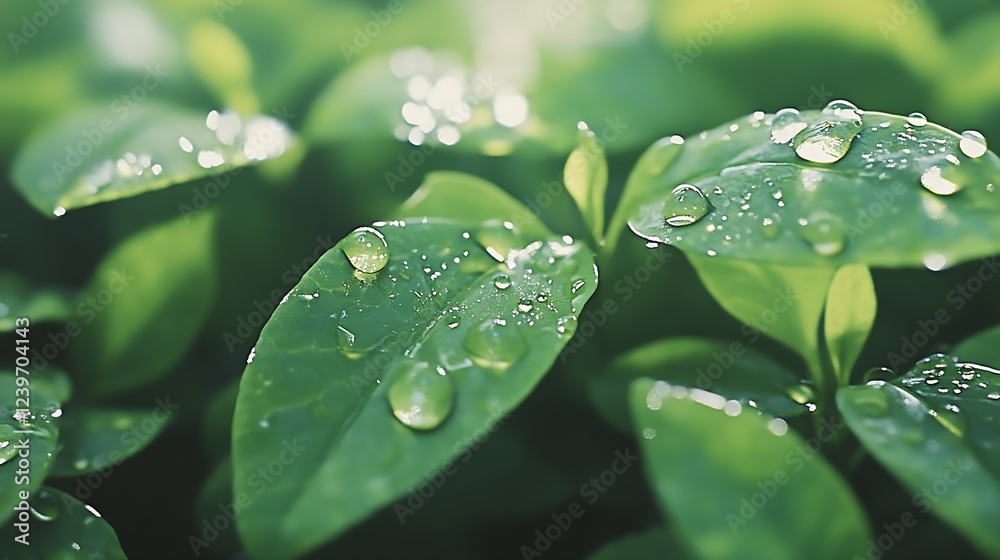 Aufkleber close up of fresh green leaves with dew drops glimmering in natural light capturing the essence of n