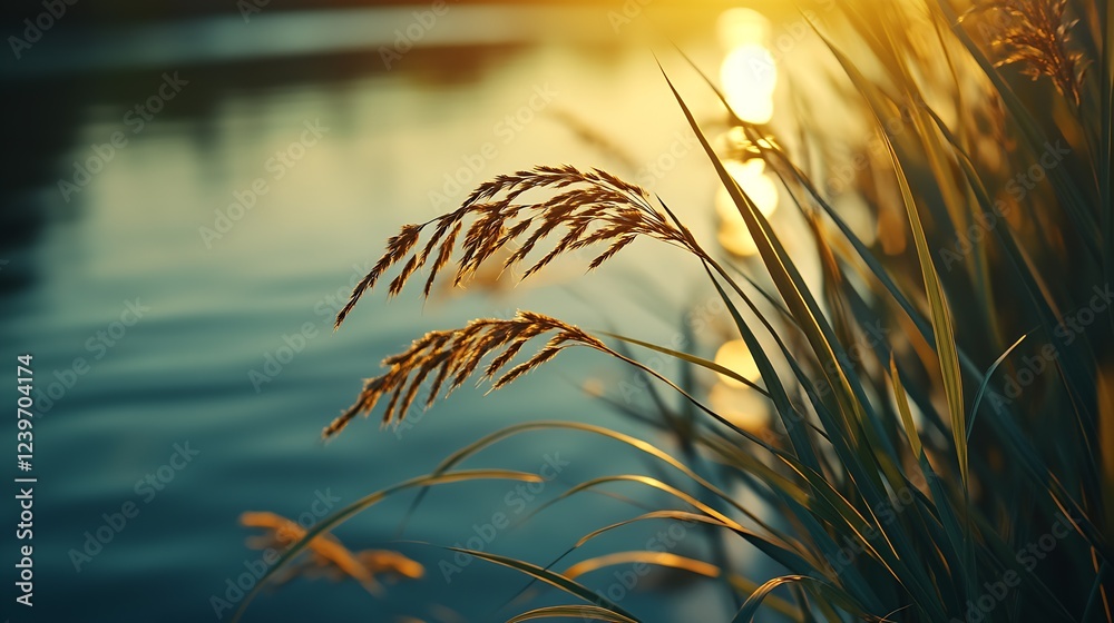 Poster golden sunlight glistens on water with serene grass in foreground capturing tranquil nature vibes : 