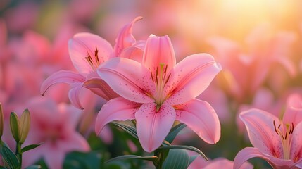 Fototapeta premium Ethereal Pink Lilies Blooming in Soft Golden Morning Light Romantic Floral Photography Botanical Aesthetic Imagery Macro Nature Photography Ethereal Pink Lilies Blooming