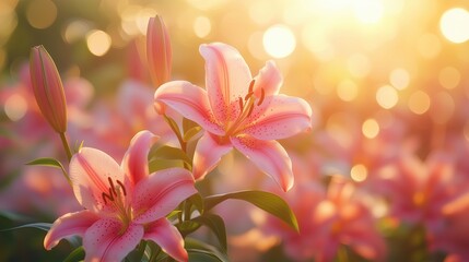 Fototapeta premium Ethereal Pink Lilies Blooming in Soft Golden Morning Light Romantic Floral Photography Botanical Aesthetic Imagery Macro Nature Photography Ethereal Pink Lilies Blooming