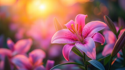 Fototapeta premium Ethereal Pink Lilies Blooming in Soft Golden Morning Light Romantic Floral Photography Botanical Aesthetic Imagery Macro Nature Photography Ethereal Pink Lilies Blooming