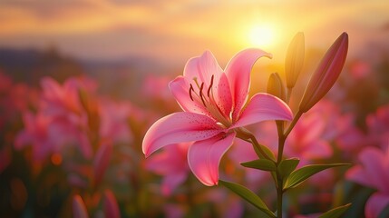 Obraz premium Ethereal Pink Lilies Blooming in Soft Golden Morning Light Romantic Floral Photography Botanical Aesthetic Imagery Macro Nature Photography Ethereal Pink Lilies Blooming