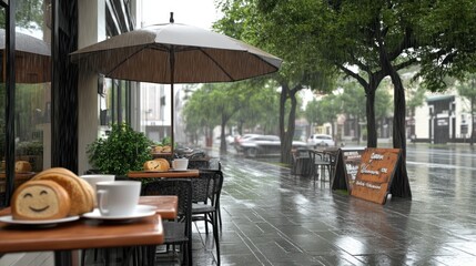Fototapeta premium Rainy day cafe, street view, pastries, umbrella