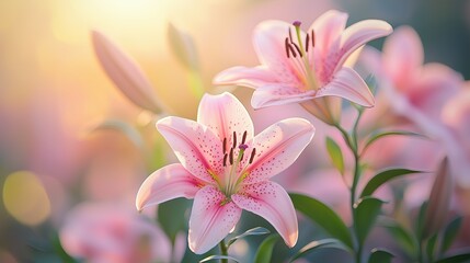 Naklejka premium Ethereal Pink Lilies Blooming in Soft Golden Morning Light Romantic Floral Photography Botanical Aesthetic Imagery Macro Nature Photography Ethereal Pink Lilies Blooming