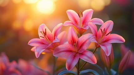 Naklejka premium Ethereal Pink Lilies Blooming in Soft Golden Morning Light Romantic Floral Photography Botanical Aesthetic Imagery Macro Nature Photography Ethereal Pink Lilies Blooming