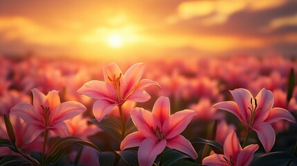 Obraz premium Ethereal Pink Lilies Blooming in Soft Golden Morning Light Romantic Floral Photography Botanical Aesthetic Imagery Macro Nature Photography Ethereal Pink Lilies Blooming