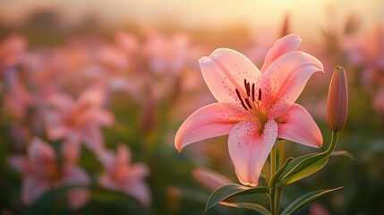 Obraz premium Ethereal Pink Lilies Blooming in Soft Golden Morning Light Romantic Floral Photography Botanical Aesthetic Imagery Macro Nature Photography Ethereal Pink Lilies Blooming